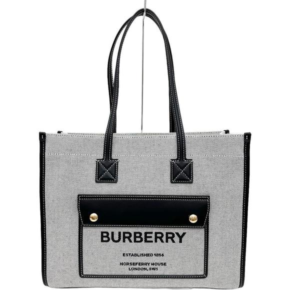 Burberry Freya Tote Logo Print Handbag Canvas Leather Grey Black - Picture 1 of 10